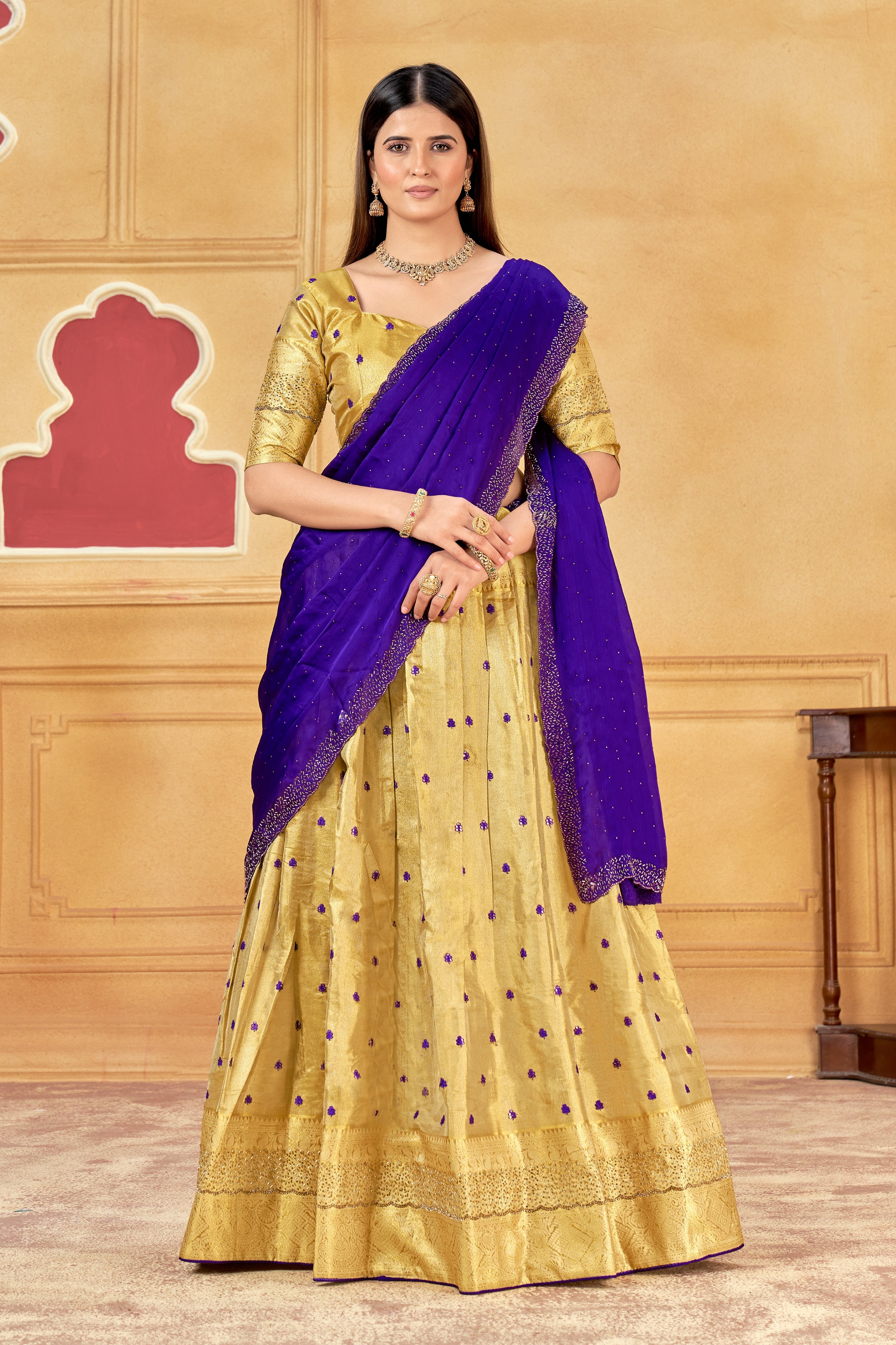 Royal Blue & Golden Designer Banarasi Silk and Jarkan Lehenga Choli with Jarkan Dupatta
