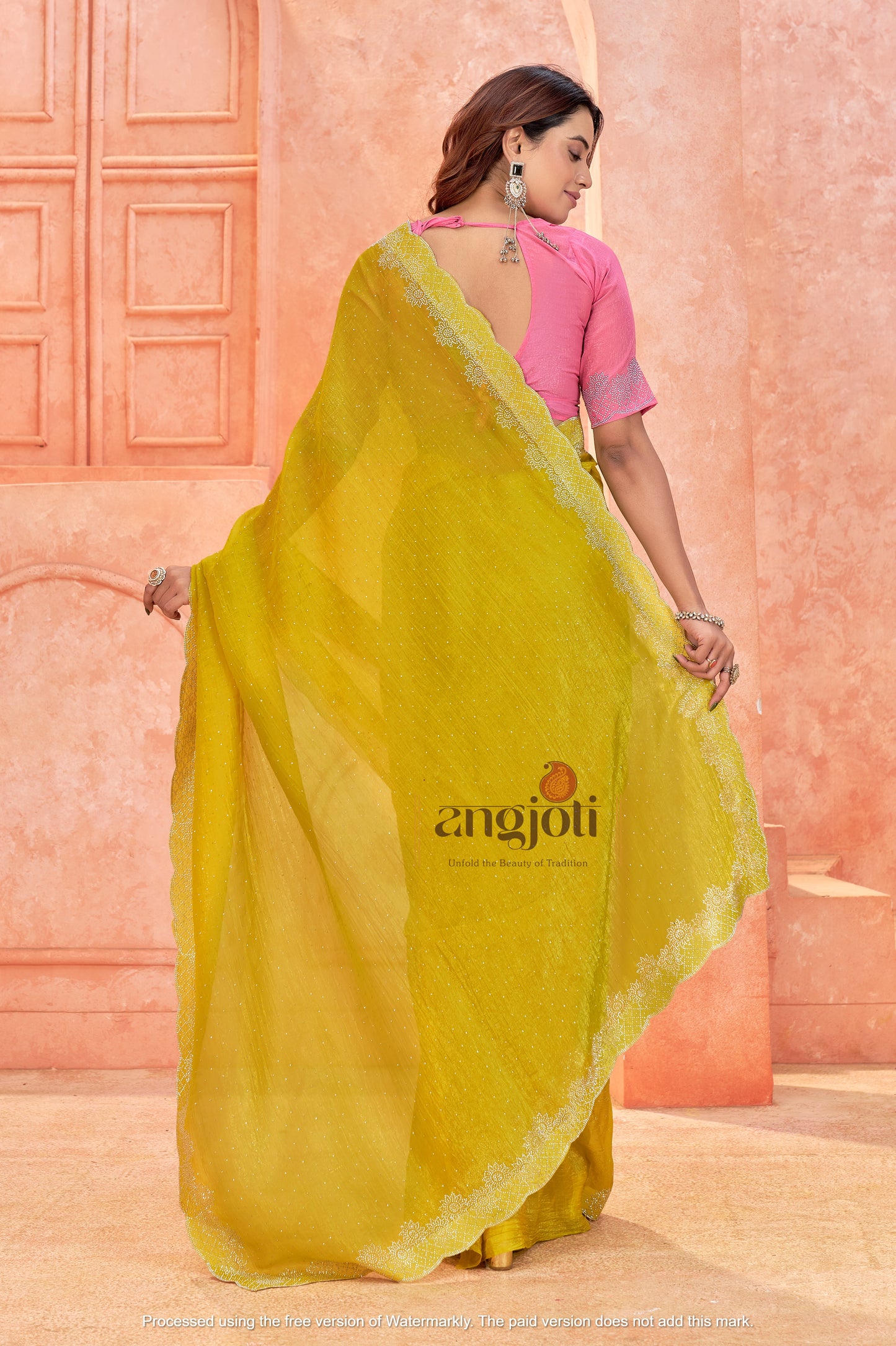 Premium South Indian Designer Border Saree – Lime Yellow with Pink Blouse(Unstitched
