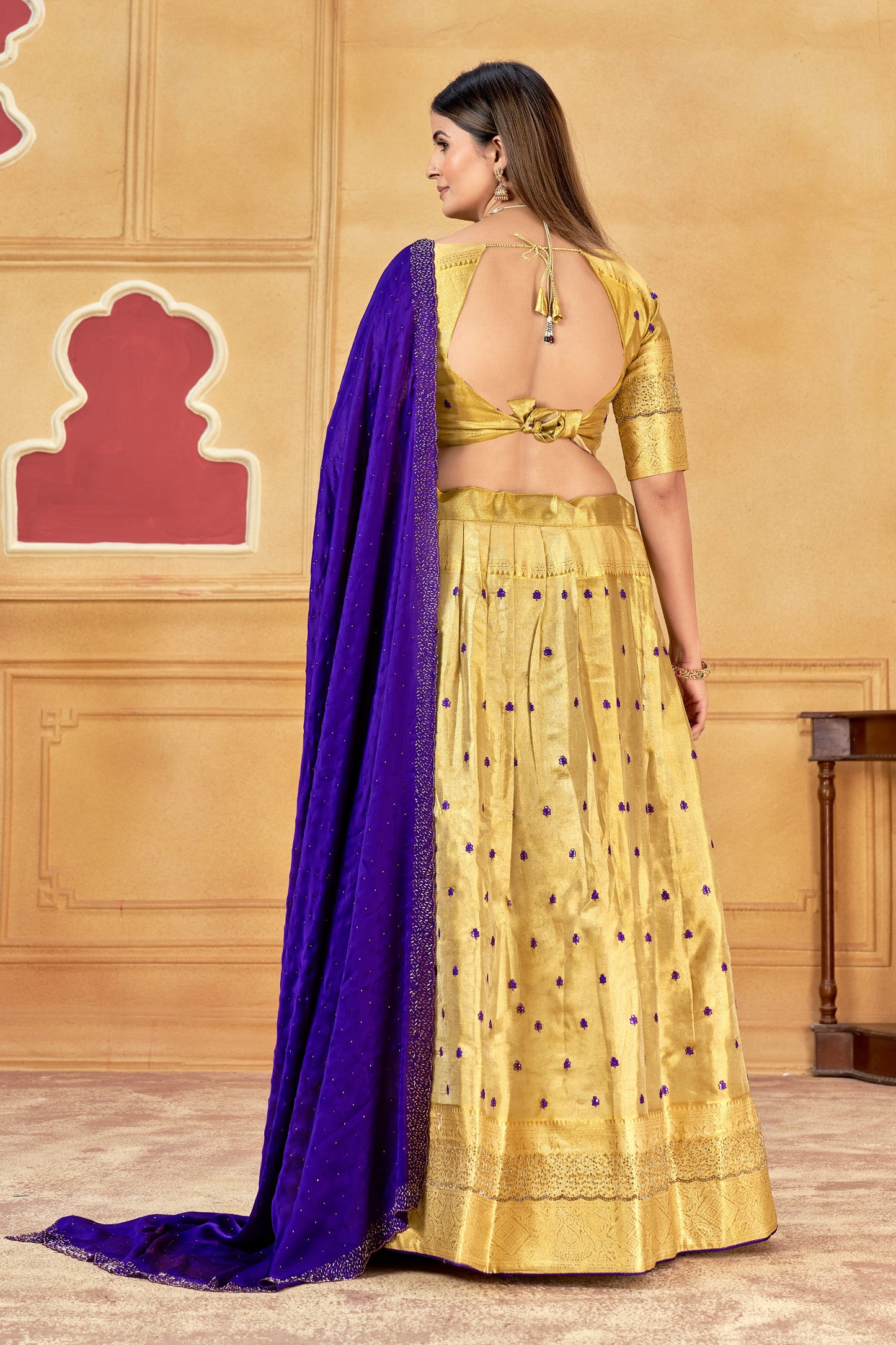 Royal Blue & Golden Designer Banarasi Silk and Jarkan Lehenga Choli with Jarkan Dupatta & Blouse (Unstitched)