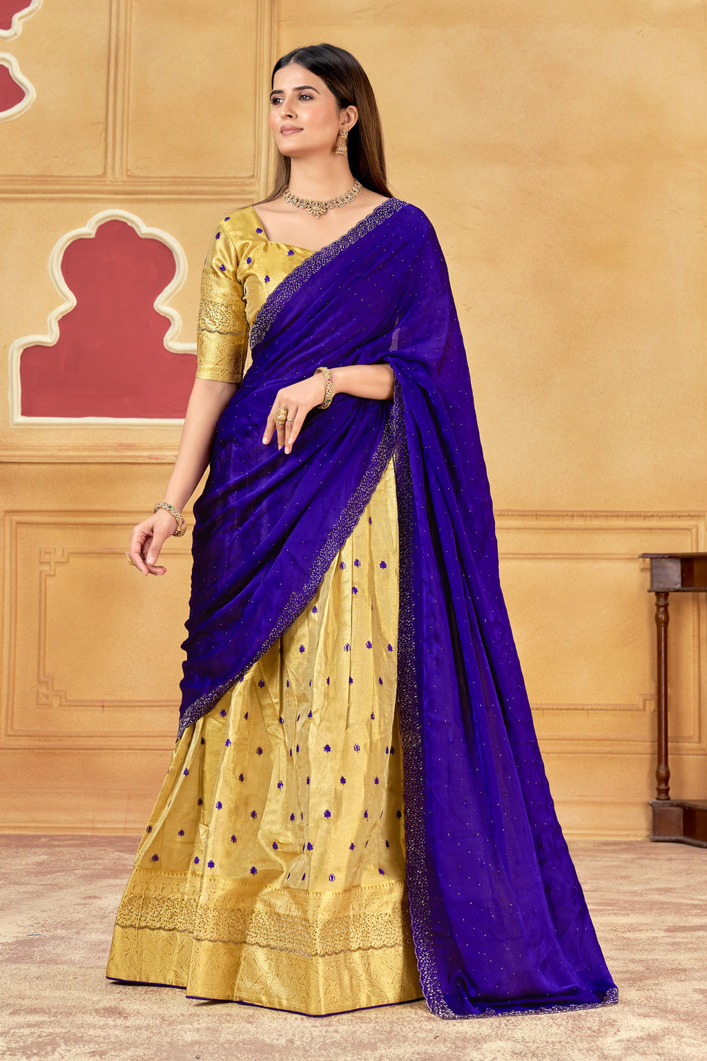 Royal Blue & Golden Designer Banarasi Silk and Jarkan Lehenga Choli with Jarkan Dupatta