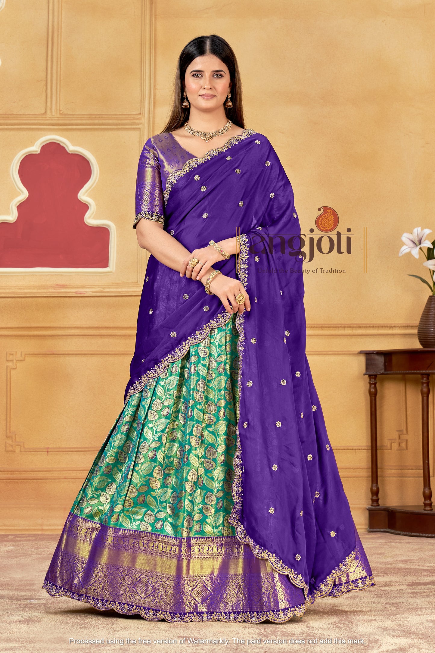 Purple & Teal Banarasi Silk Lehenga Choli with Golden Zari Weaving | Wedding & Traditional Wear