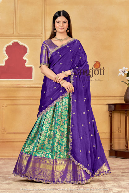 Purple & Teal Banarasi Silk Lehenga Choli with Golden Zari Weaving | Wedding & Traditional Wear