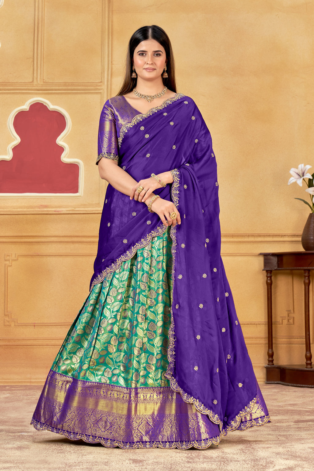 Purple & Teal Banarasi Silk Lehenga Choli with Golden Zari Weaving | Wedding & Traditional Wear