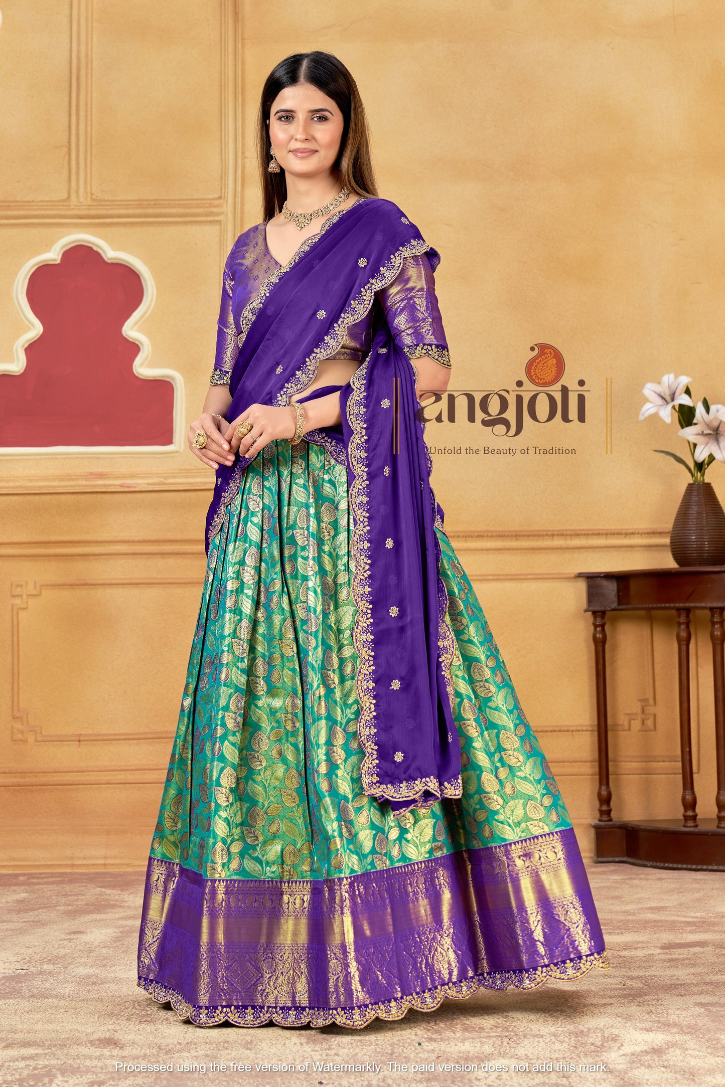 Purple & Teal Banarasi Silk Lehenga Choli with Golden Zari Weaving | Wedding & Traditional Wear