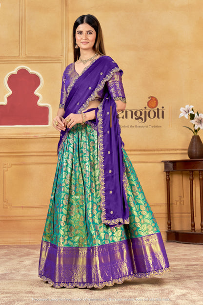 Purple & Teal Banarasi Silk Lehenga Choli with Golden Zari Weaving | Wedding & Traditional Wear