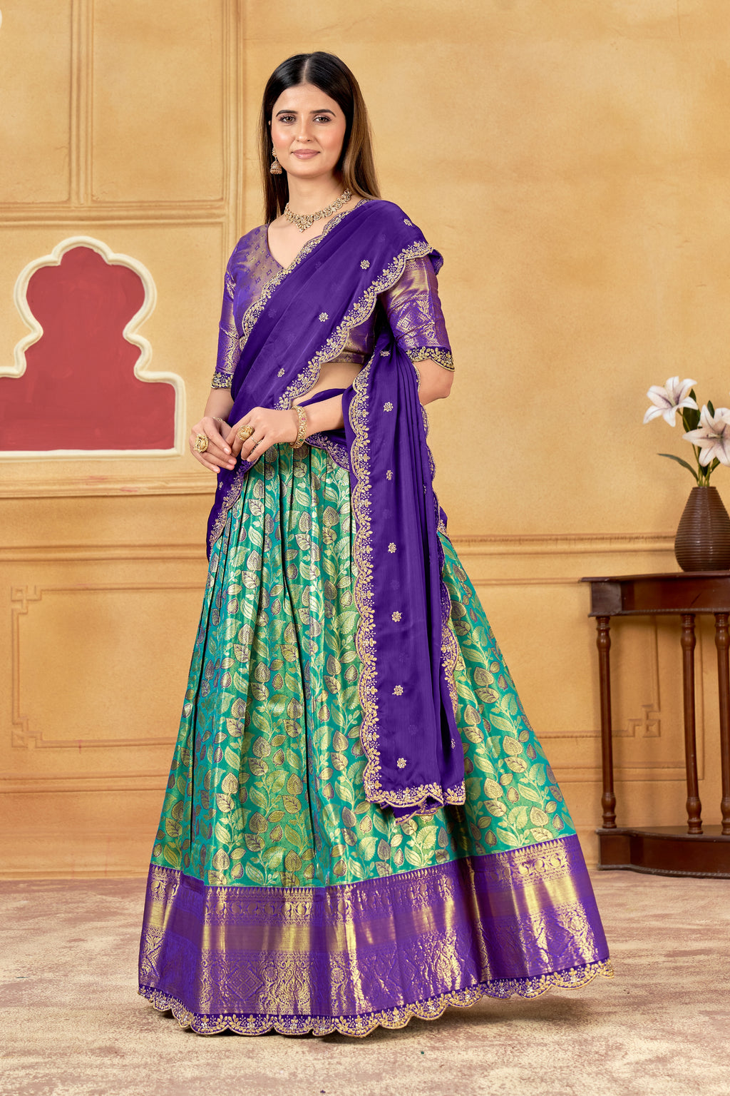 Purple & Teal Banarasi Silk Lehenga Choli with Golden Zari Weaving | Wedding & Traditional Wear
