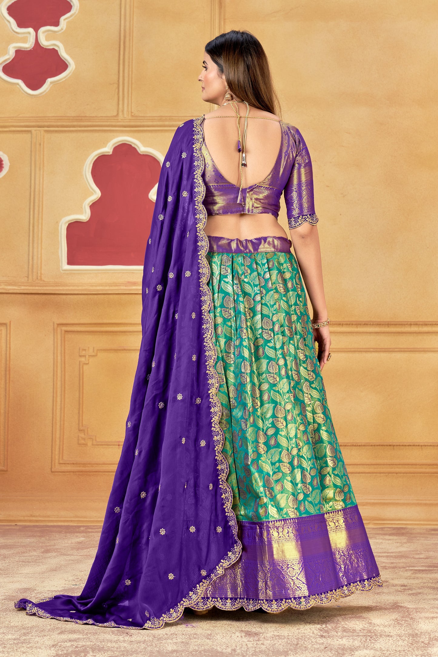 Purple & Teal Banarasi Silk Lehenga Choli with Golden Zari Weaving | Wedding & Traditional Wear