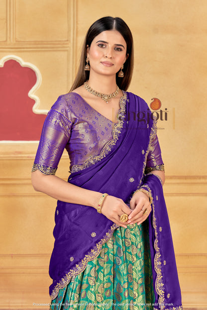 Purple & Teal Banarasi Silk Lehenga Choli with Golden Zari Weaving | Wedding & Traditional Wear