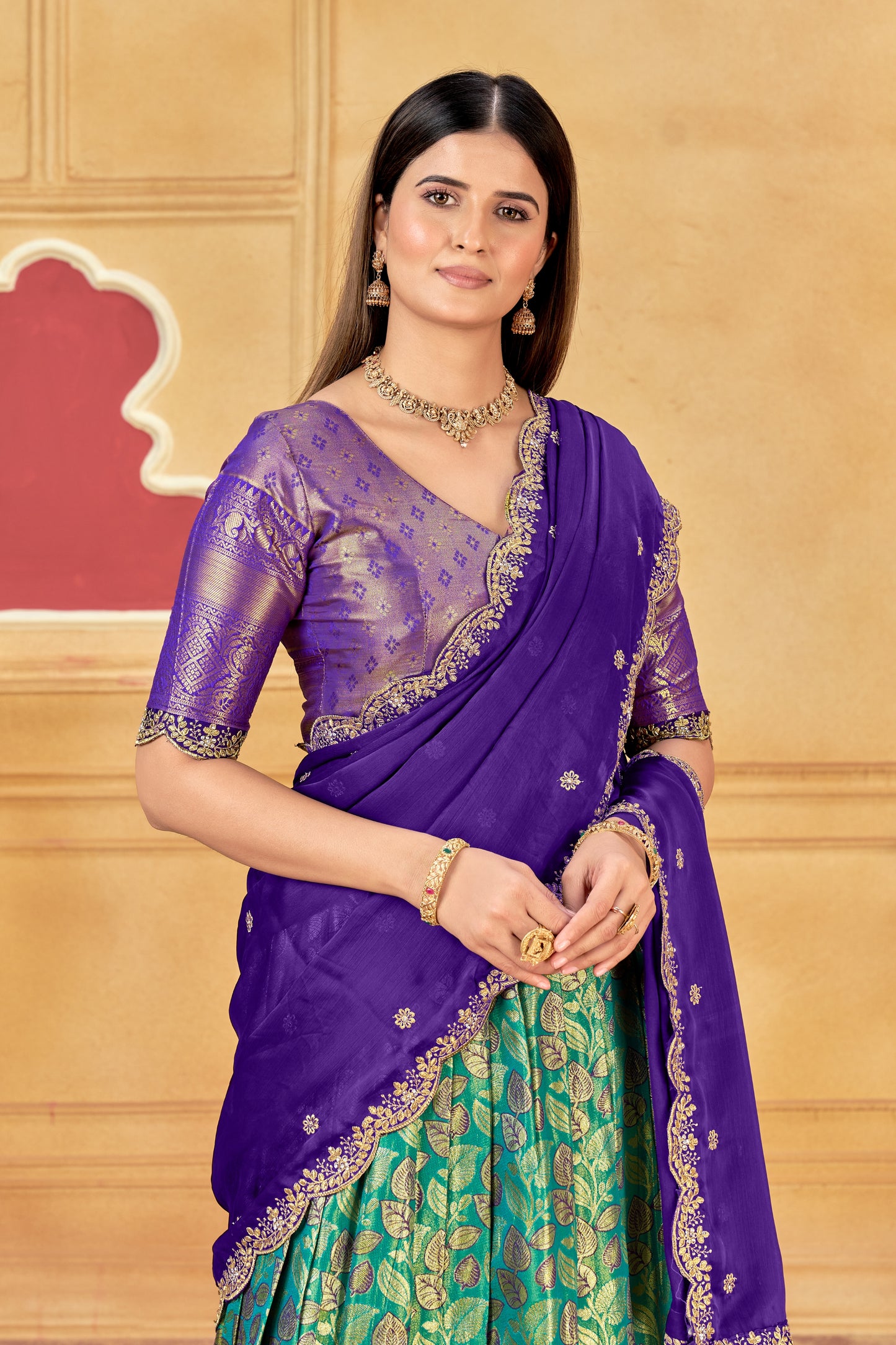 Purple & Teal Banarasi Silk Lehenga Choli with Golden Zari Weaving | Wedding & Traditional Wear