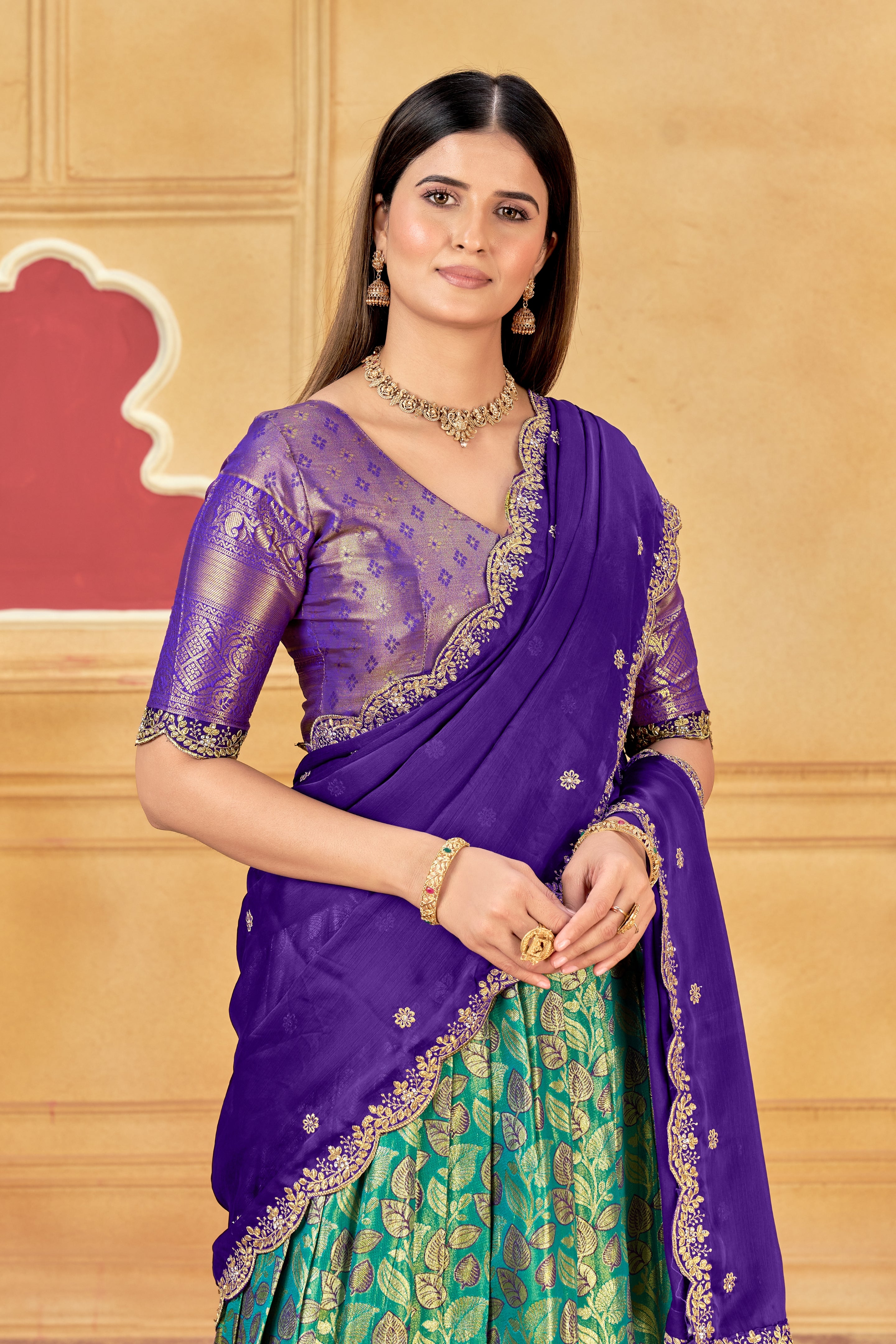 Purple & Teal Banarasi Silk Lehenga Choli with Golden Zari Weaving | Wedding & Traditional Wear