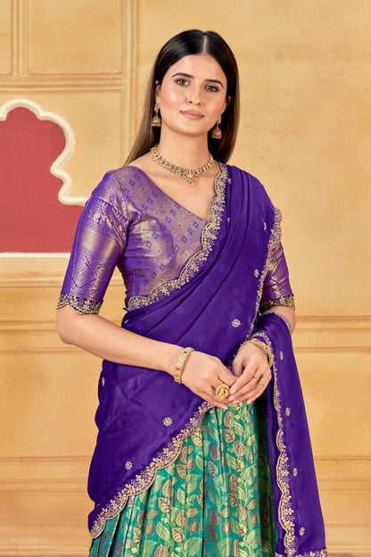 Purple & Teal Banarasi Silk Lehenga Choli with Golden Zari Weaving | Wedding & Traditional Wear