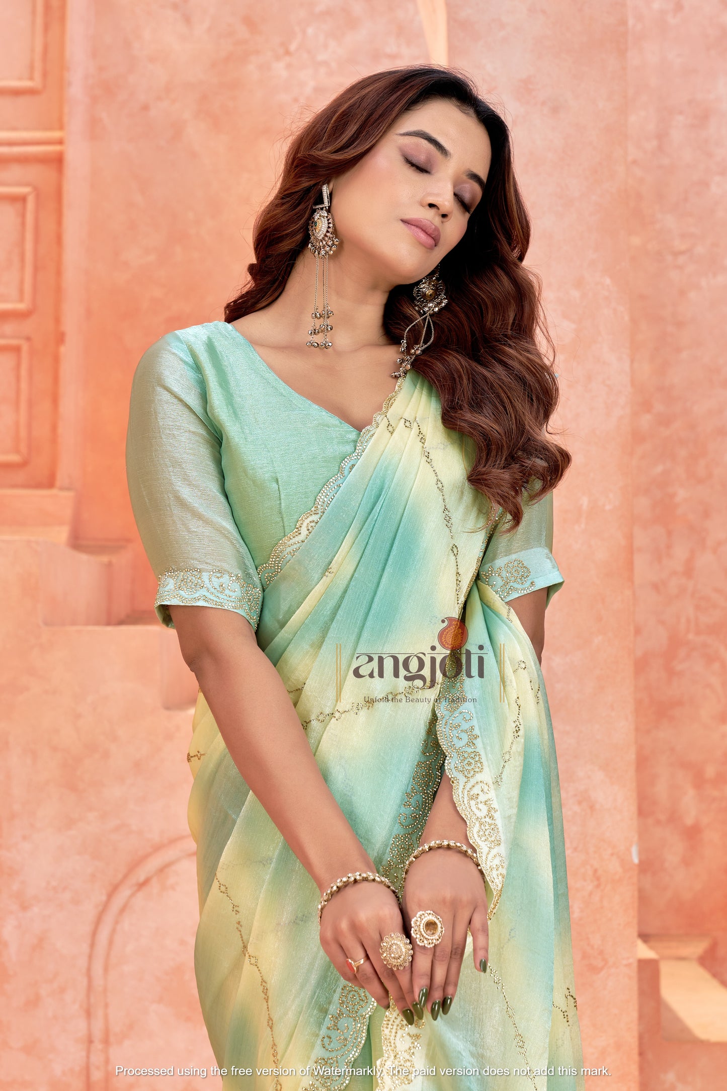 Premium Double Shade Pastel Green & Yellow Ombre Designer Saree – South Indian Elegant Collection