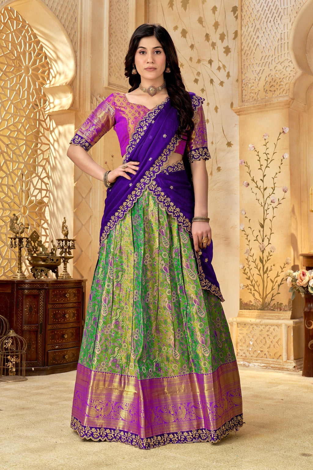 Purple & Green Banarasi Silk Lehenga Choli with Rich Golden Zari Weaving | Wedding & Festive Wear