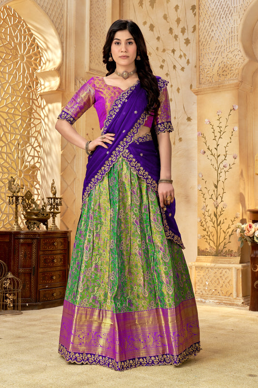 Purple & Green Banarasi Silk Lehenga Choli with Rich Golden Zari Weaving | Wedding & Festive Wear