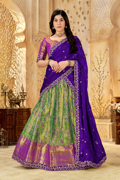Purple & Green Banarasi Silk Lehenga Choli with Rich Golden Zari Weaving | Wedding & Festive Wear