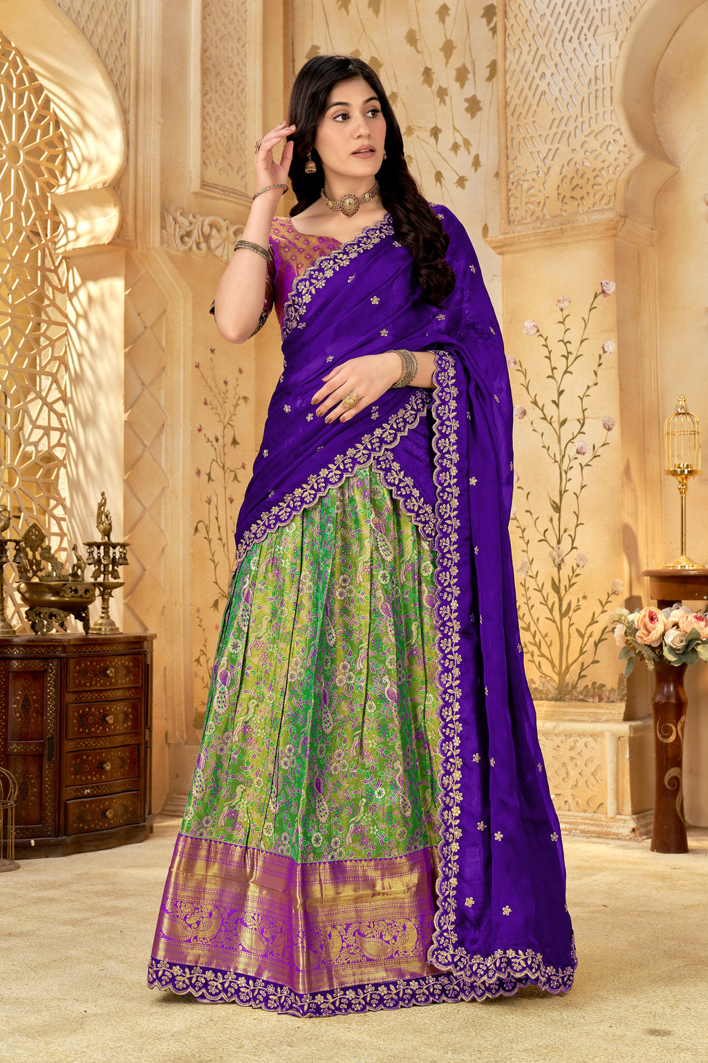 Purple & Green Banarasi Silk Lehenga Choli with Rich Golden Zari Weaving | Wedding & Festive Wear