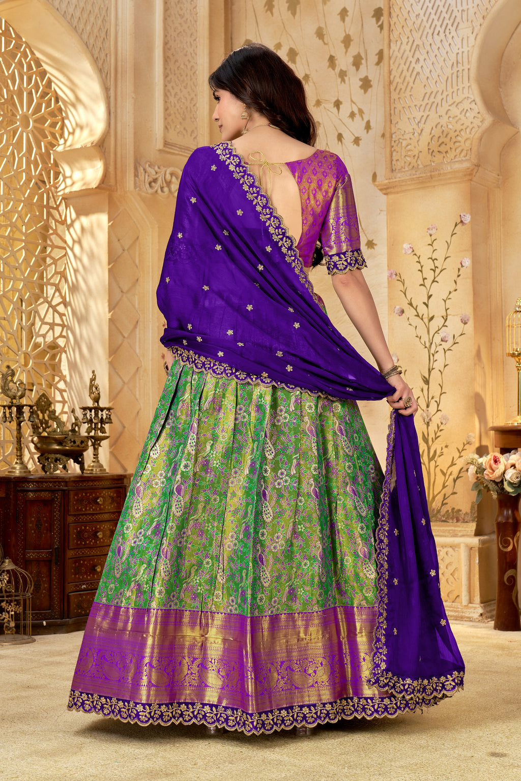 Purple & Green Banarasi Silk Lehenga Choli with Rich Golden Zari Weaving | Wedding & Festive Wear