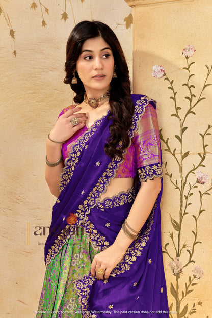 Purple & Green Banarasi Silk Lehenga Choli with Rich Golden Zari Weaving Dupatta| Wedding & Festive Wear