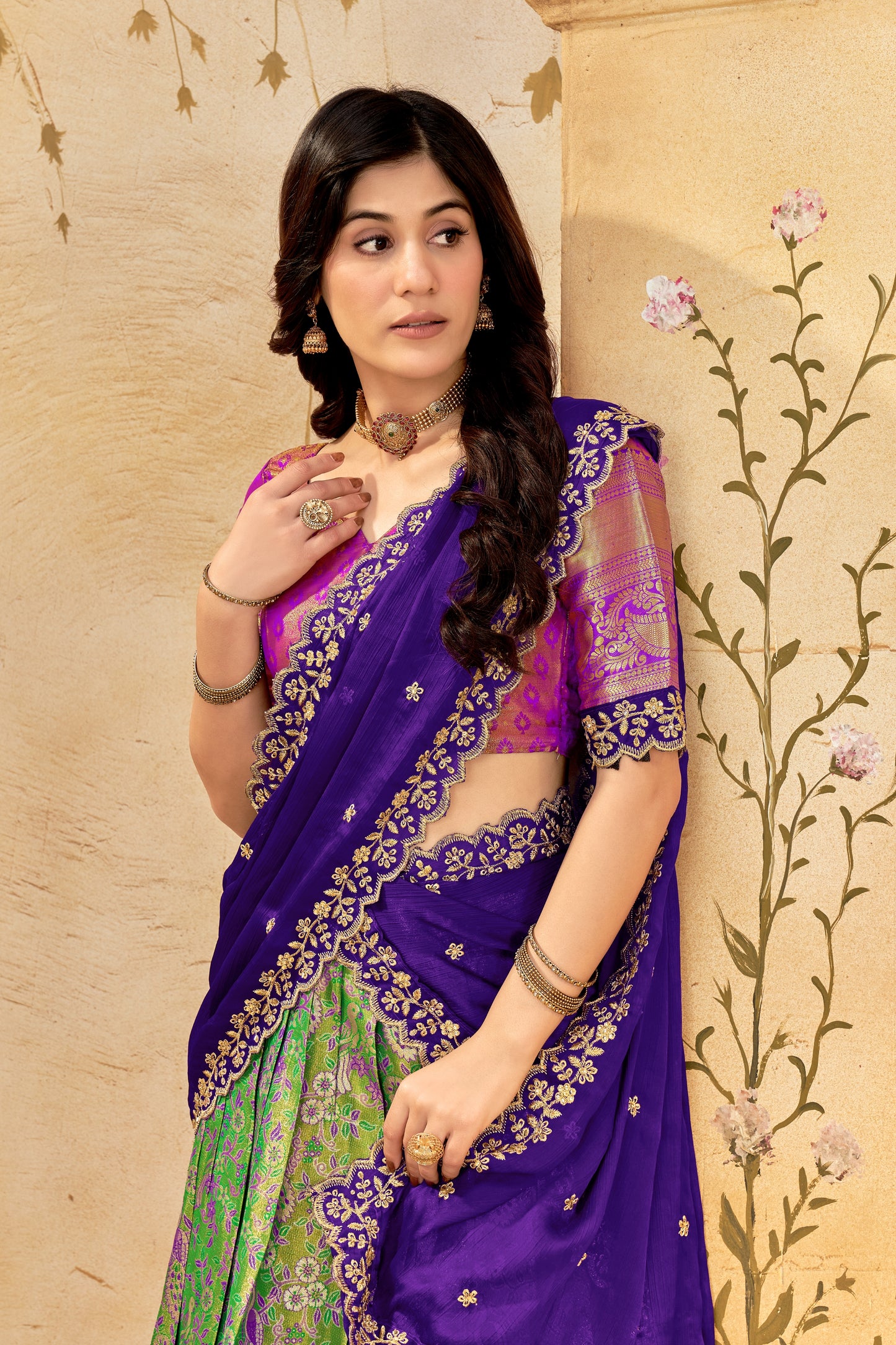 Purple & Green Banarasi Silk Lehenga Choli with Rich Golden Zari Weaving | Wedding & Festive Wear