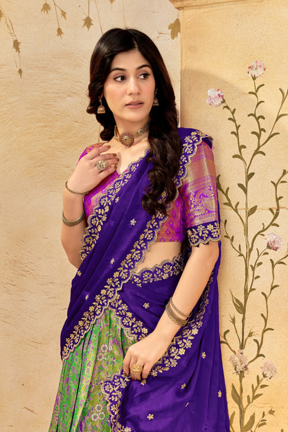 Purple & Green Banarasi Silk Lehenga Choli with Rich Golden Zari Weaving | Wedding & Festive Wear