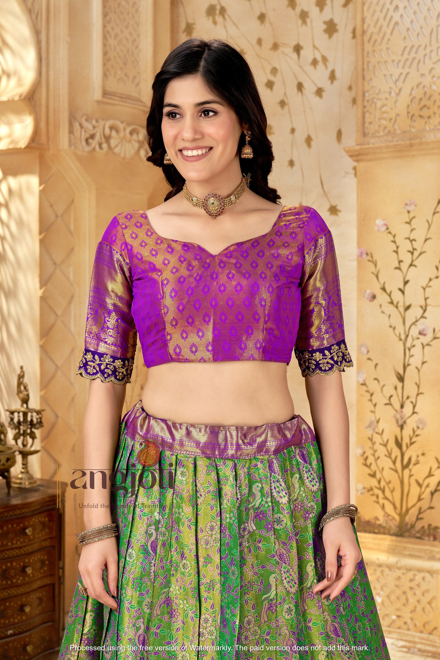 Purple & Green Banarasi Silk Lehenga Choli with Rich Golden Zari Weaving Dupatta| Wedding & Festive Wear