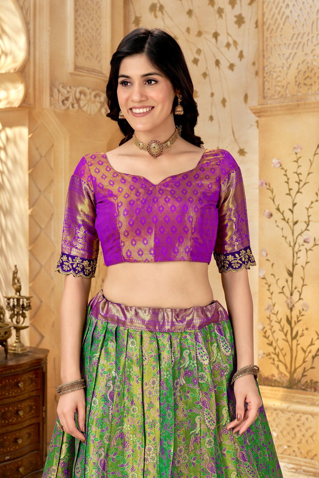 Purple & Green Banarasi Silk Lehenga Choli with Rich Golden Zari Weaving | Wedding & Festive Wear