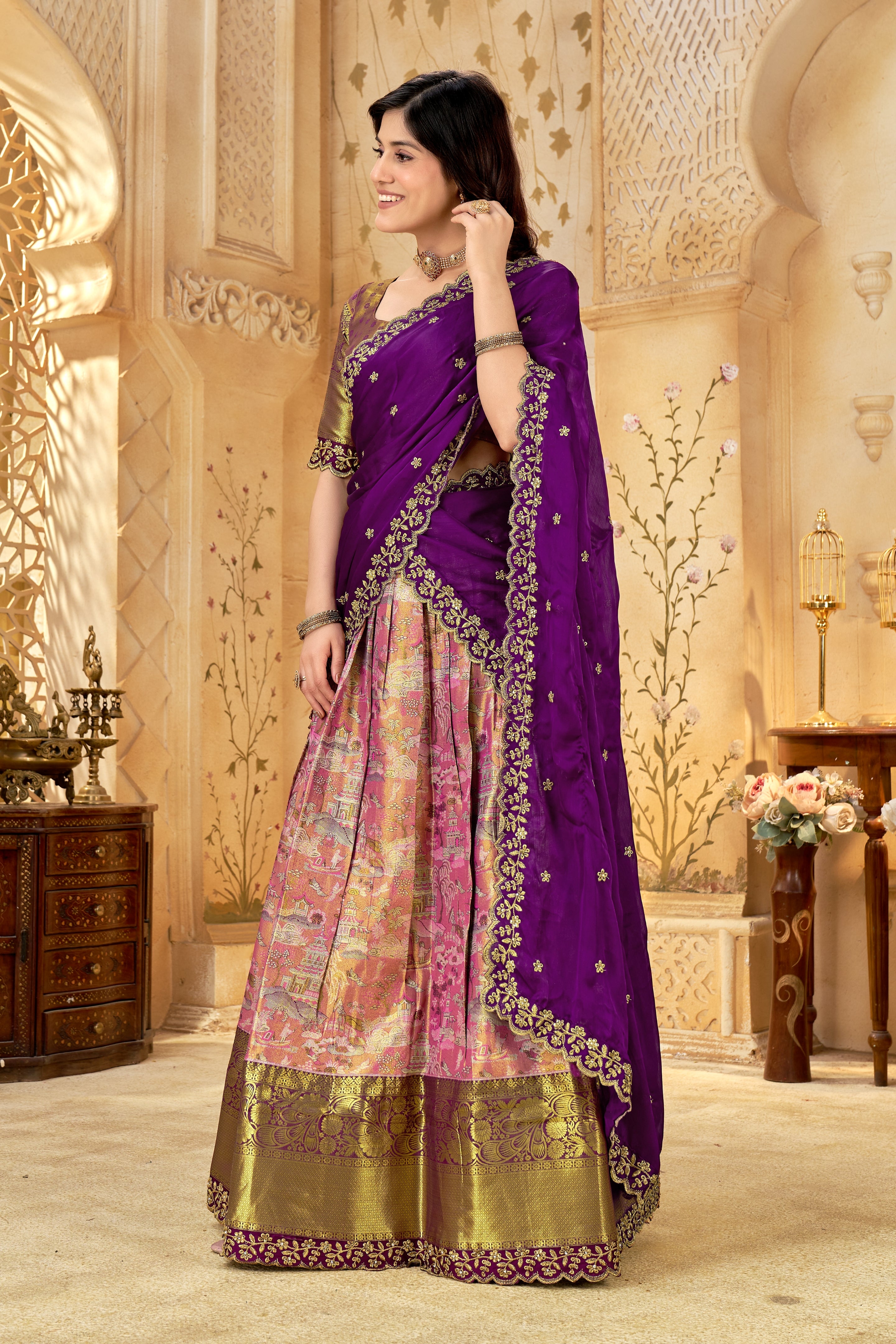 Purple Brocade Silk Lehenga Choli with Golden Zari Border & Embroidered Dupatta | Wedding & Festive Wear