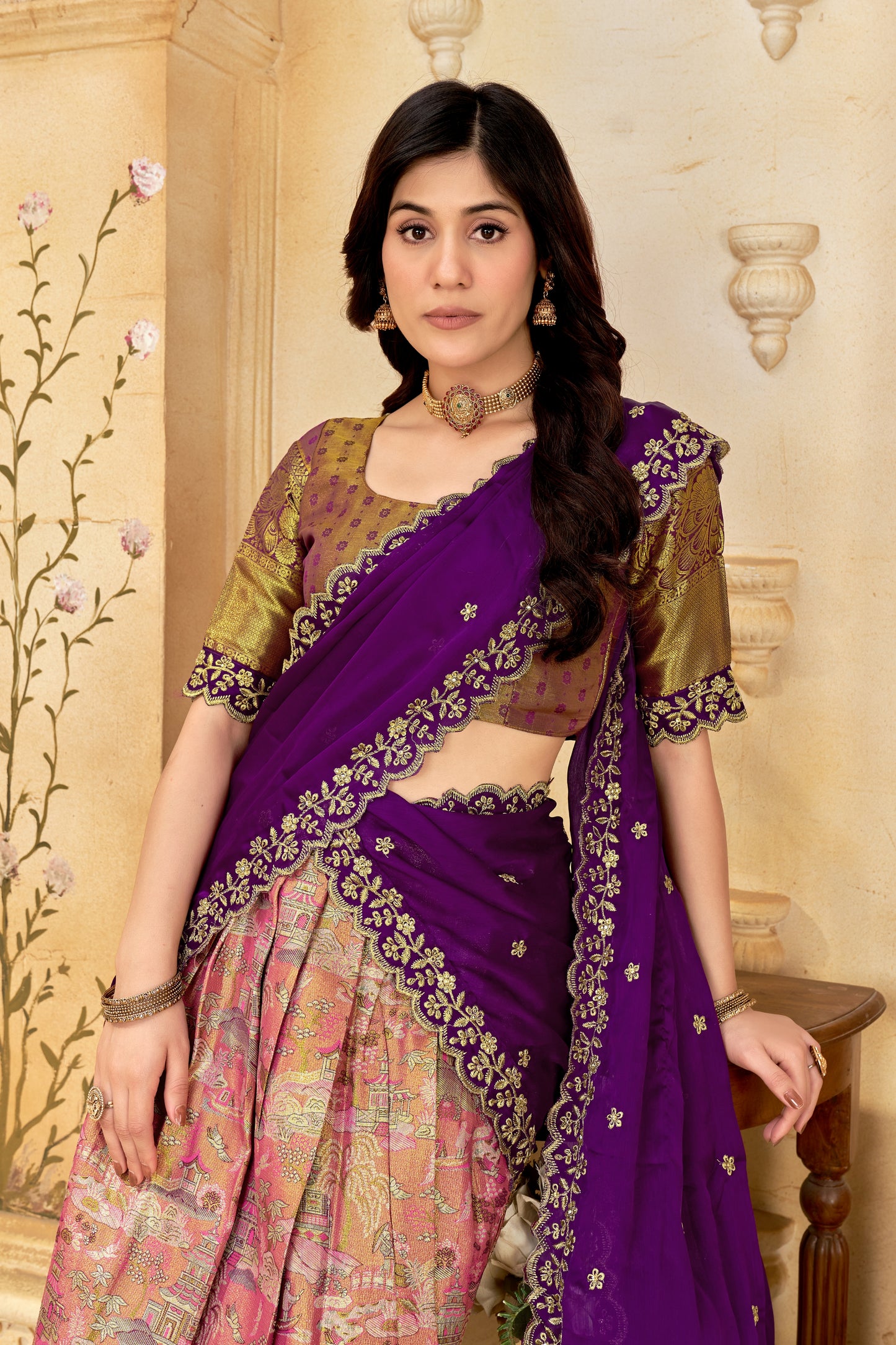 Silk Lehenga Choli with Golden Zari Border & Embroidered Dupatta | Wedding & Festive Wear | Blouse Unstitched