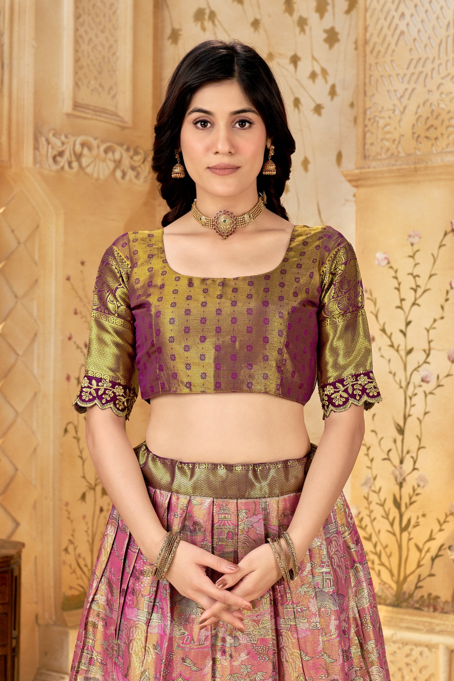 Silk Lehenga Choli with Golden Zari Border & Embroidered Dupatta | Wedding & Festive Wear | Blouse Unstitched