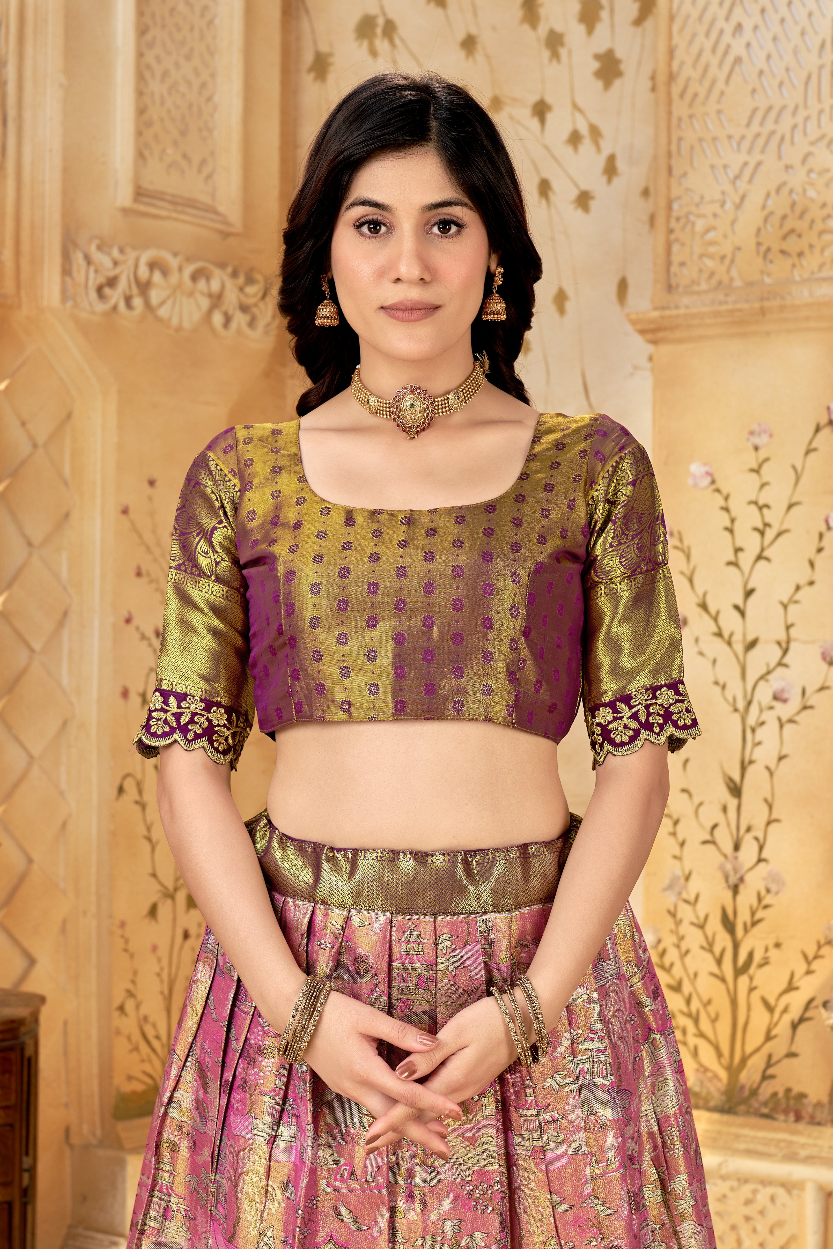 Purple Brocade Silk Lehenga Choli with Golden Zari Border & Embroidered Dupatta | Wedding & Festive Wear