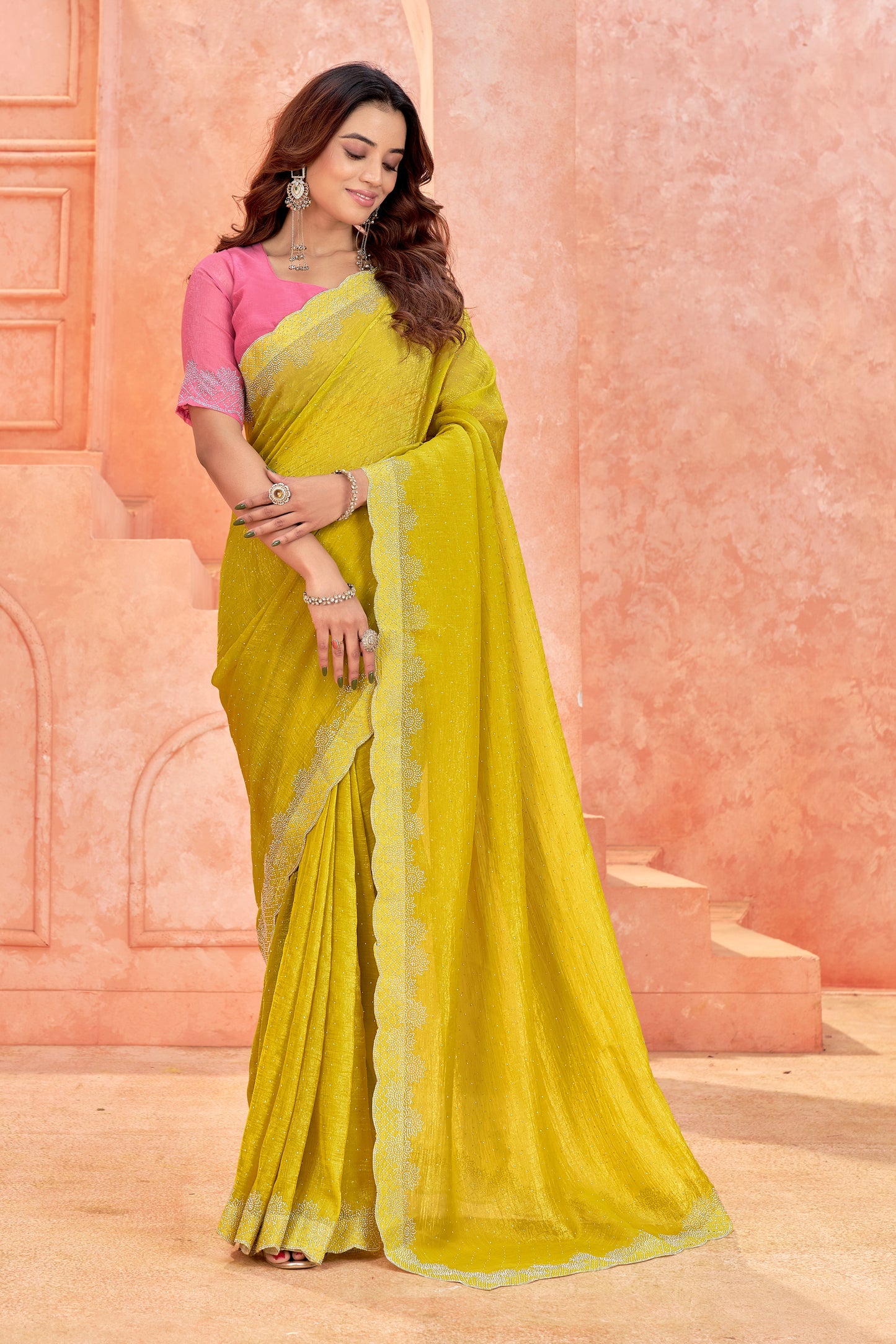 Premium South Indian Designer Border Saree – Lime Yellow with Pink Blouse(Unstitched