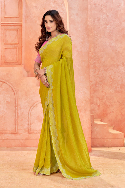 Premium South Indian Designer Border Saree – Lime Yellow with Pink Blouse(Unstitched