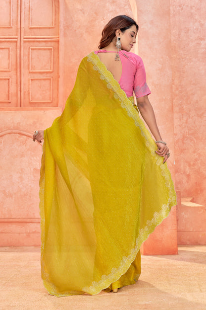 Premium South Indian Designer Border Saree – Lime Yellow with Pink Blouse(Unstitched