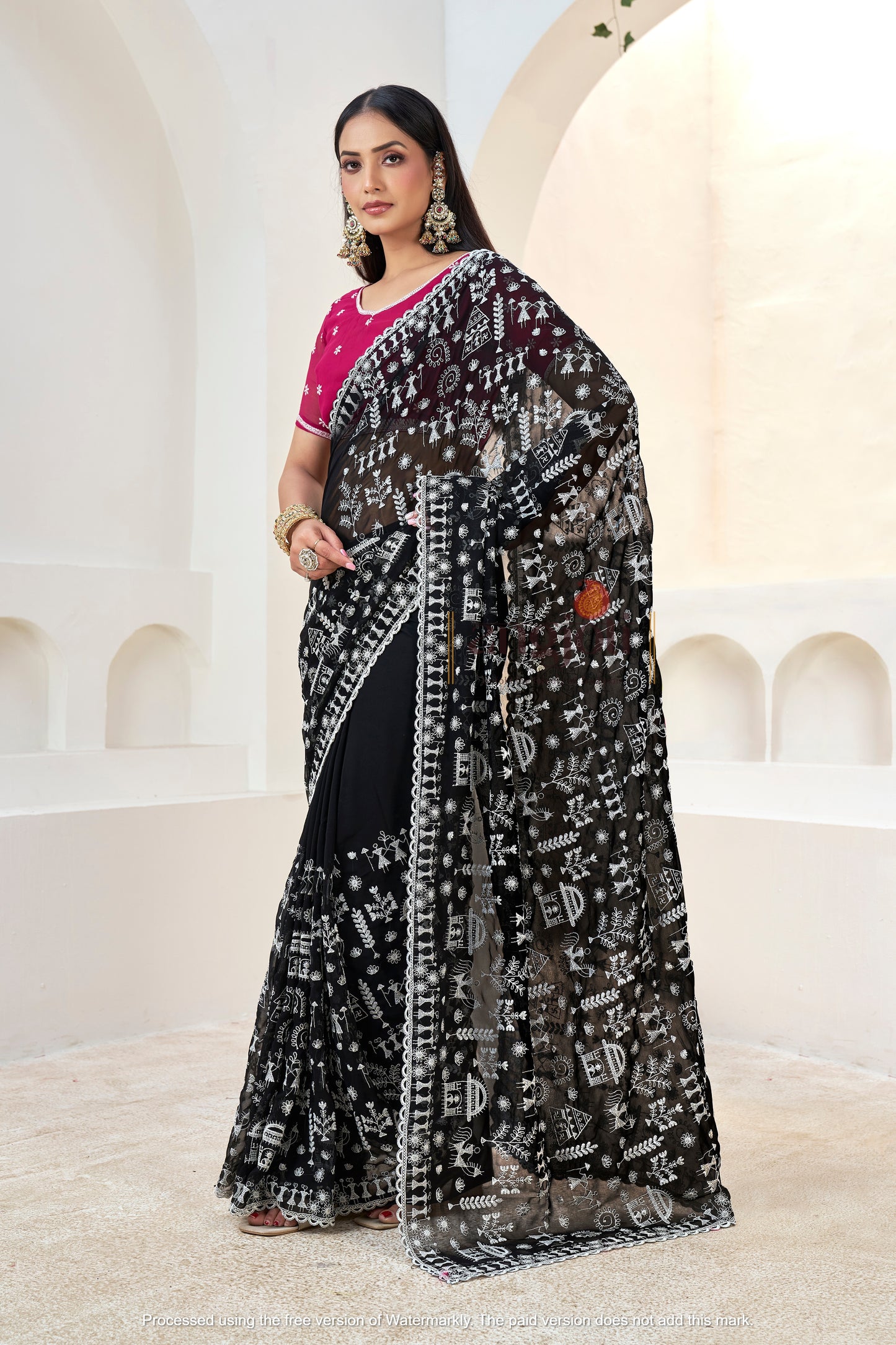Black Saree with White Embroidery Works & Pink Blouse(Unstitched)