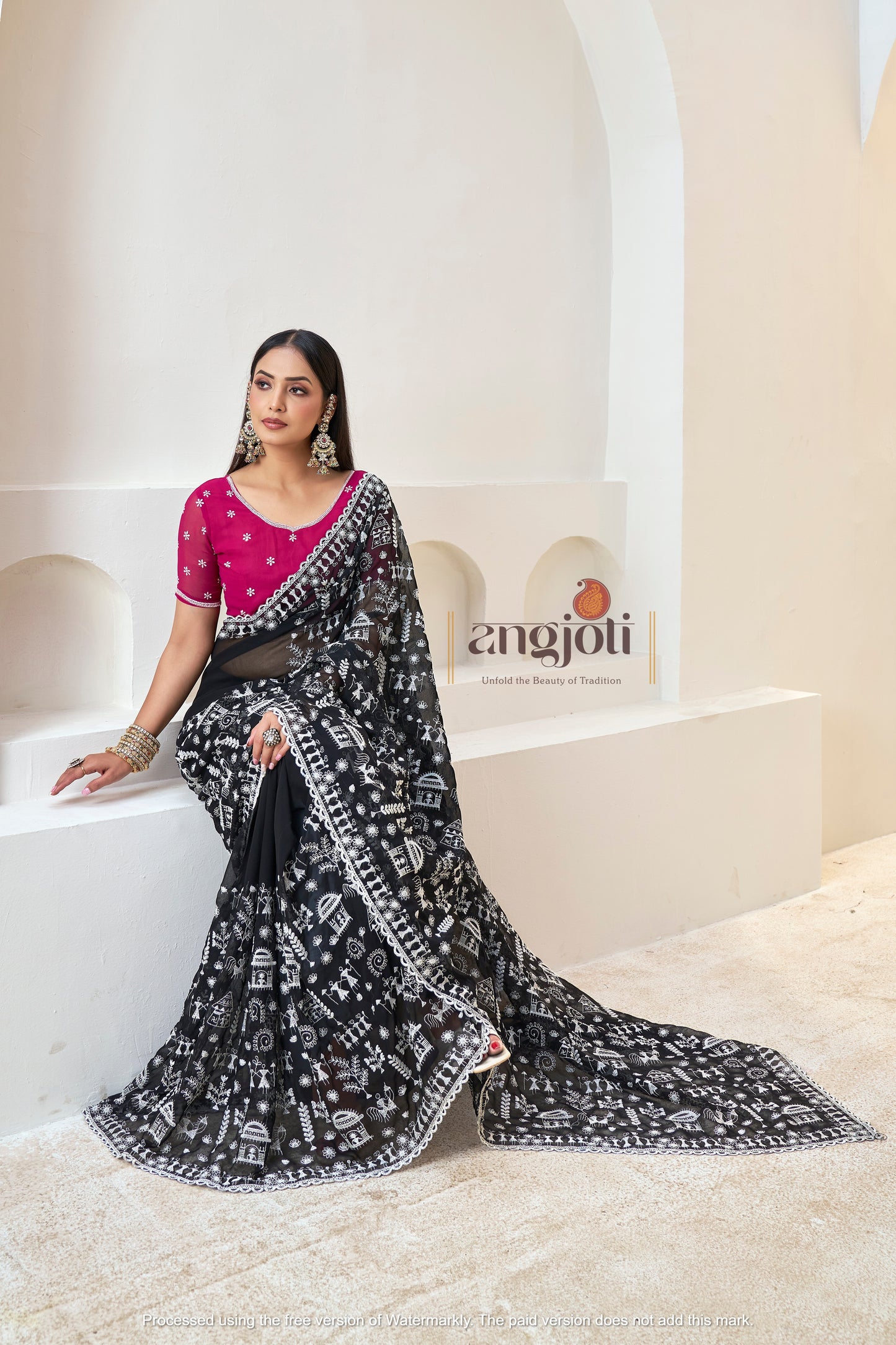 Black Saree with White Embroidery Works & Pink Blouse(Unstitched)