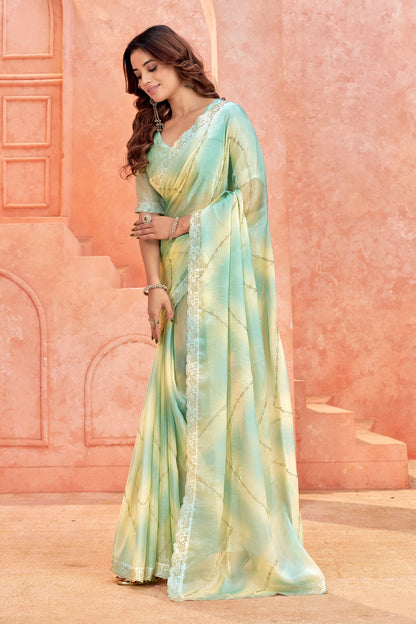 Premium Double Shade Pastel Green & Yellow Ombre Designer Saree – South Indian Elegant Collection