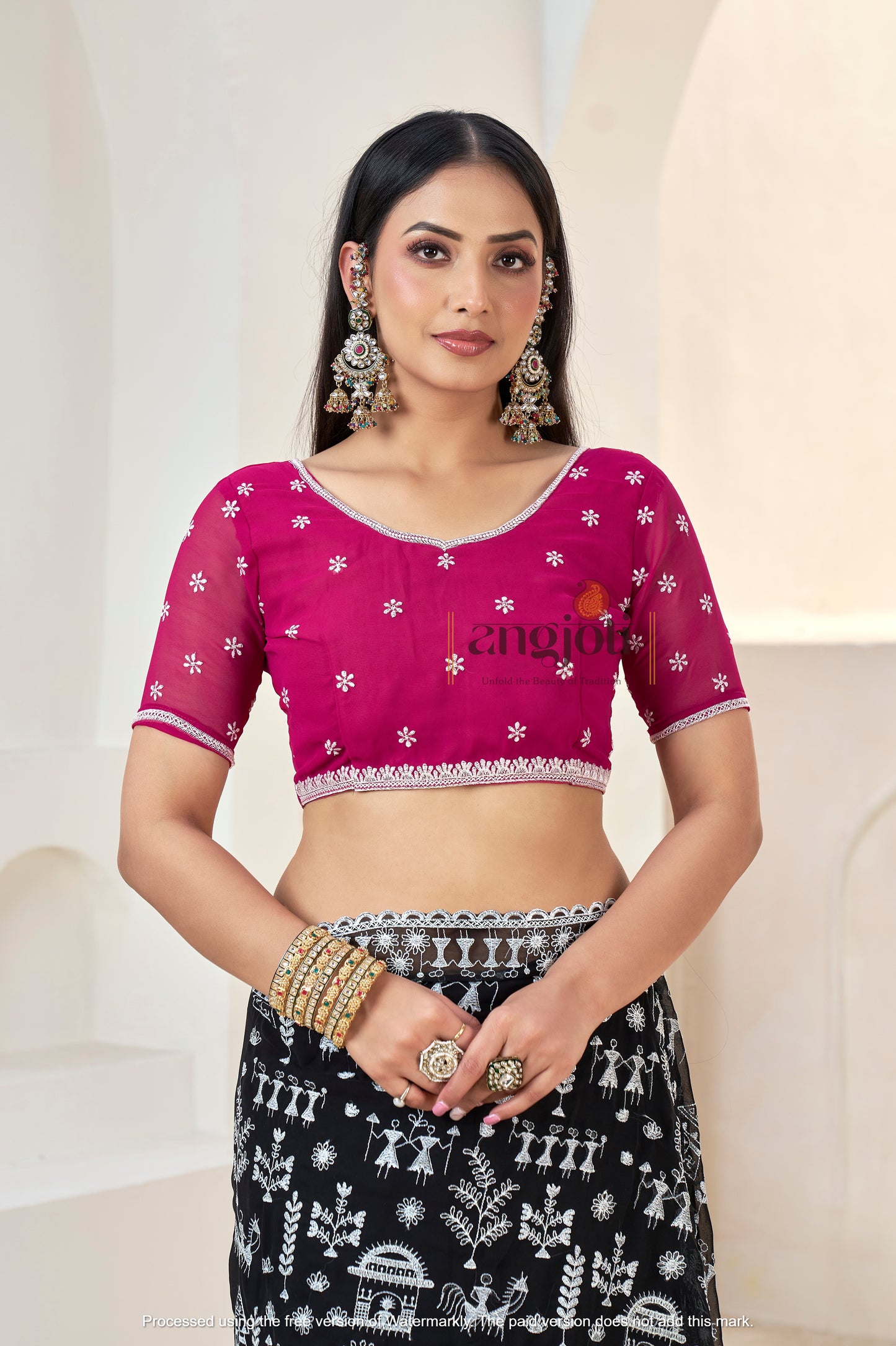 Black Saree with White Embroidery Works & Pink Blouse(Unstitched)