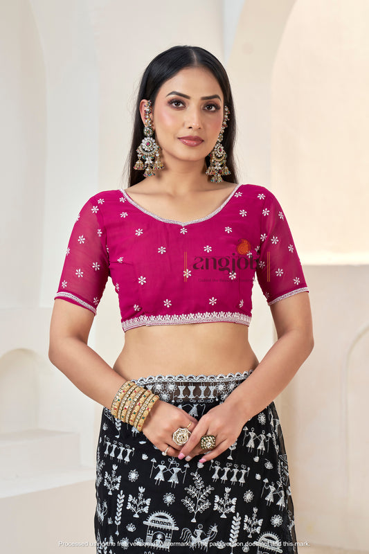 Black Saree with White Embroidery Works & Pink Blouse(Unstitched)