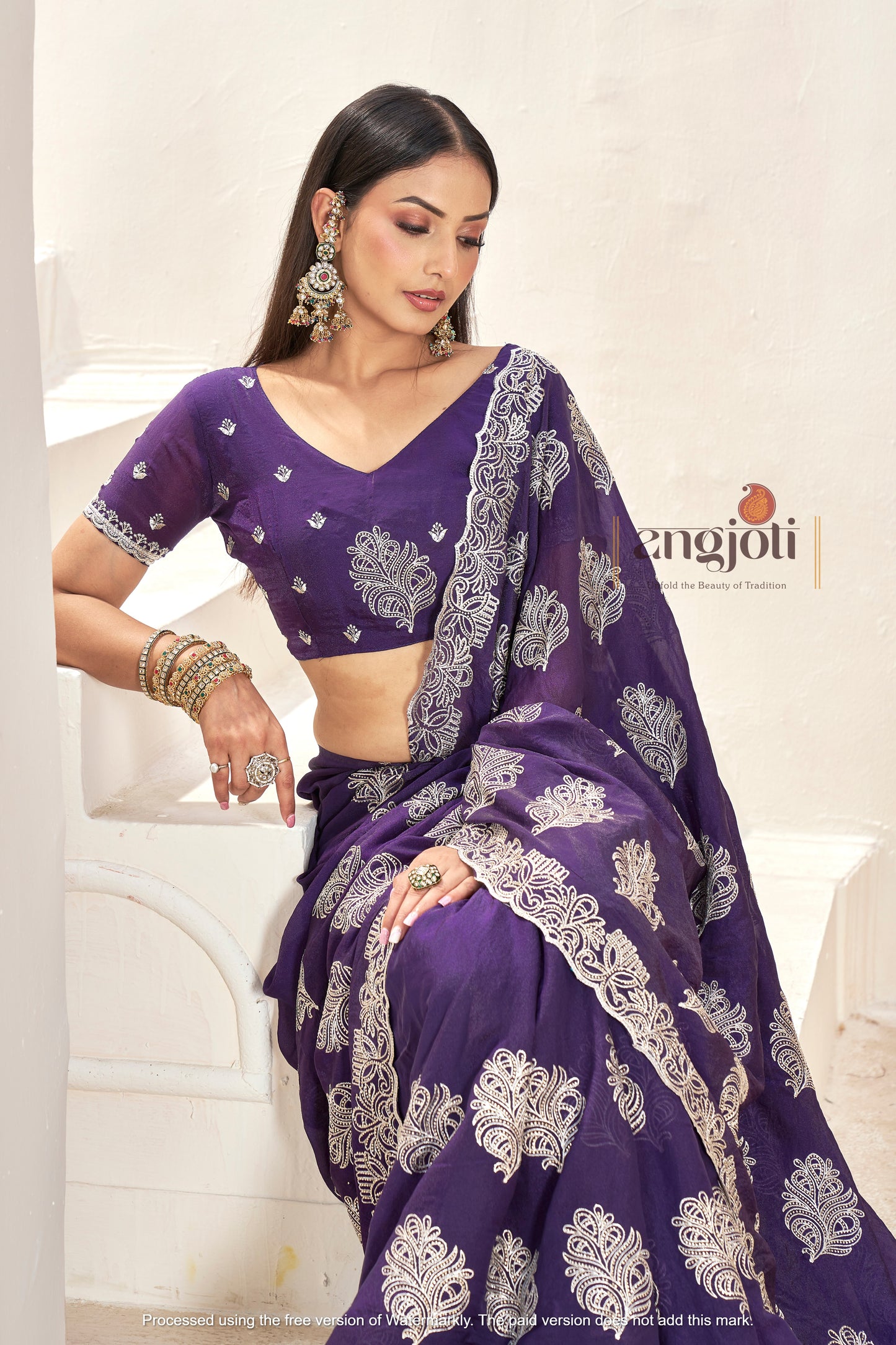 Purple Designer Embroidered Saree with Blouse(Unstitched) – Premium Partywear Saree for Weddings & Festive Occasions