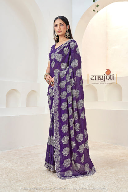 Purple Designer Embroidered Saree with Blouse(Unstitched) – Premium Partywear Saree for Weddings & Festive Occasions