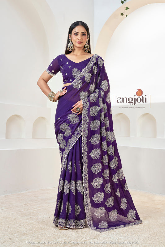 Purple Designer Embroidered Saree with Blouse(Unstitched) – Premium Partywear Saree for Weddings & Festive Occasions