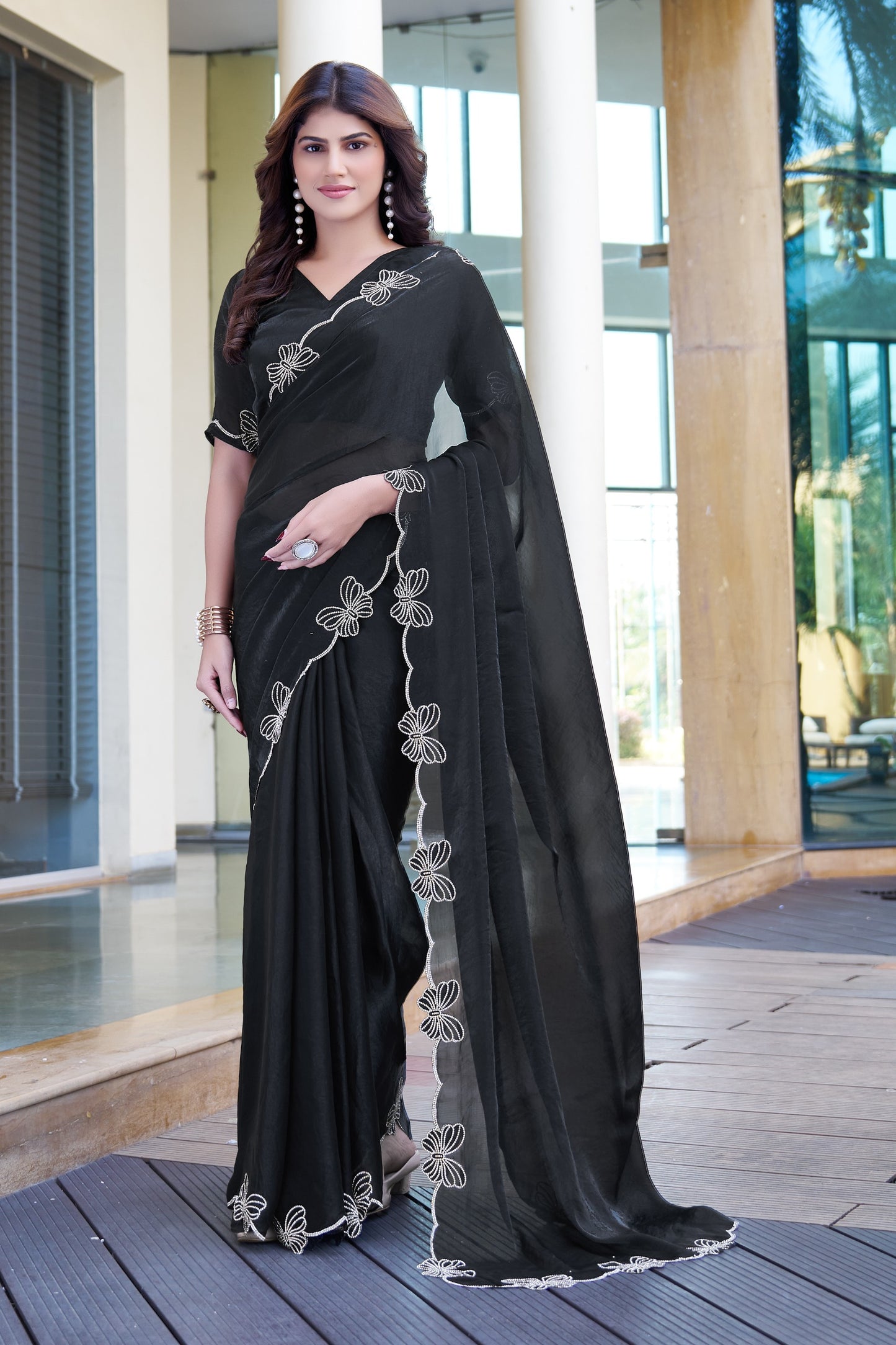 Elegant Black Organza Saree with Hand-Embroidered Floral Border | Premium Party Wear Saree & Matching Blouse(Unstitched)