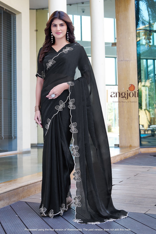 Elegant Black Organza Saree with Hand-Embroidered Floral Border | Blouse(Unstitched)