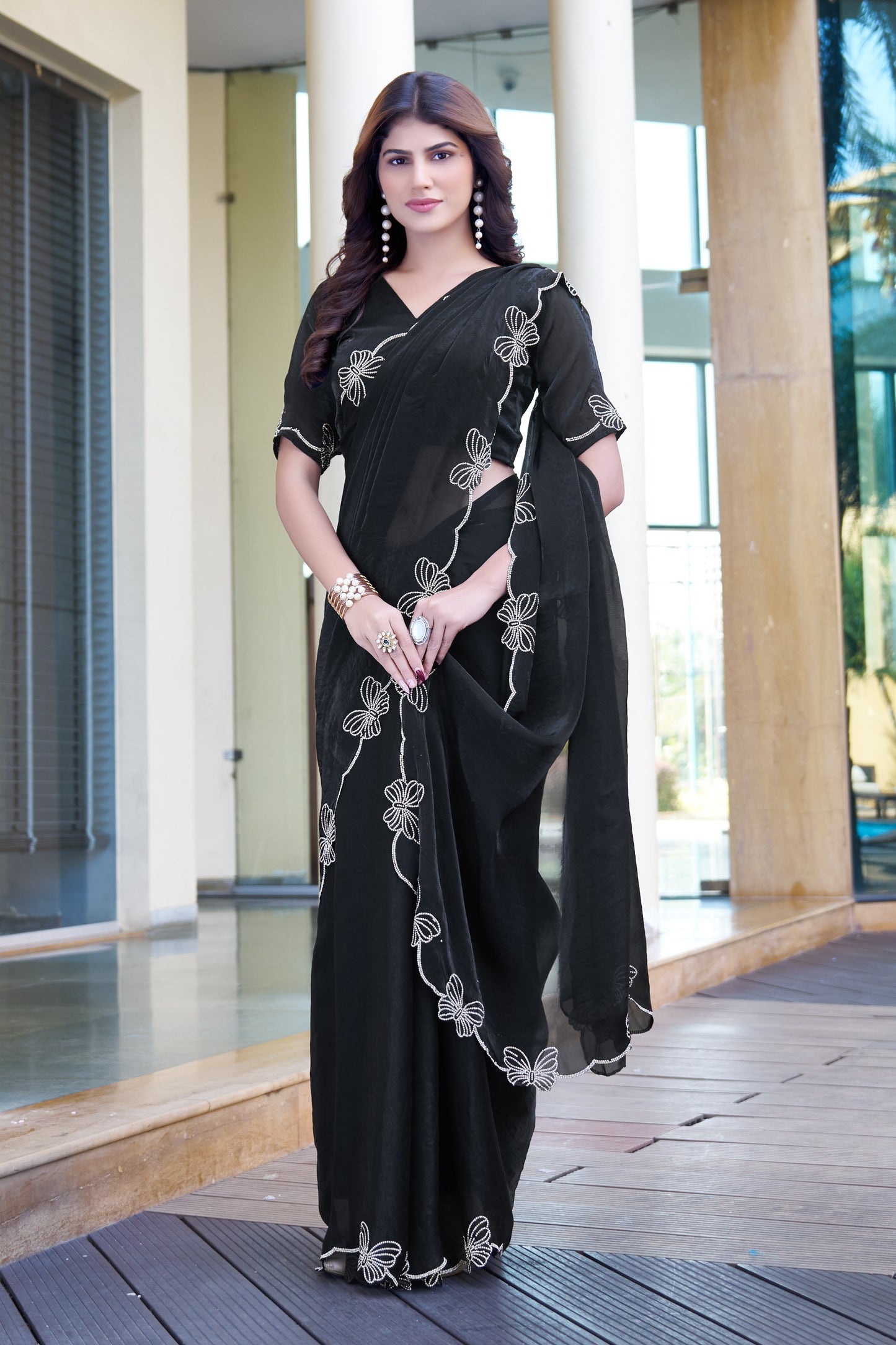 Elegant Black Organza Saree with Hand-Embroidered Floral Border | Premium Party Wear Saree & Matching Blouse(Unstitched)