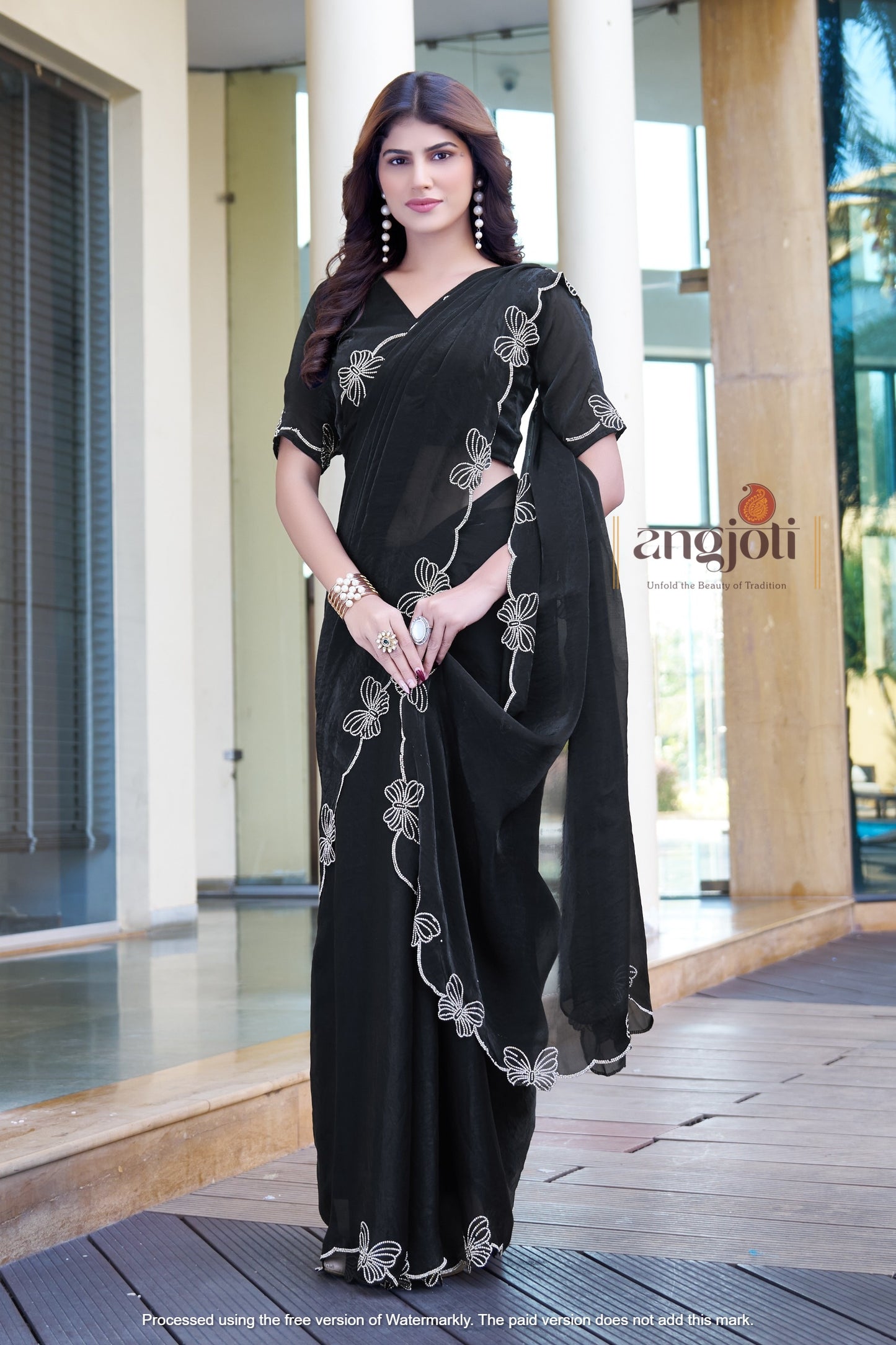Elegant Black Organza Saree with Hand-Embroidered Floral Border | Blouse(Unstitched)