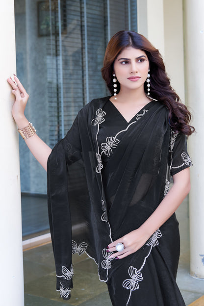 Elegant Black Organza Saree with Hand-Embroidered Floral Border | Premium Party Wear Saree & Matching Blouse(Unstitched)