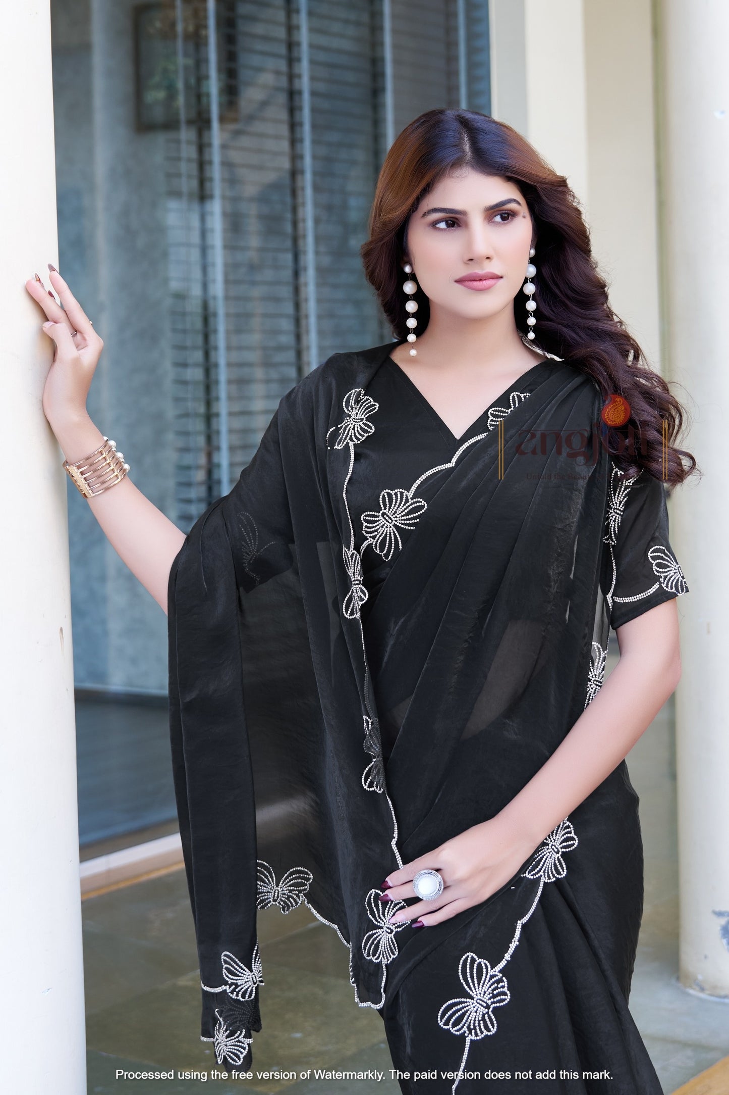 Elegant Black Organza Saree with Hand-Embroidered Floral Border | Blouse(Unstitched)