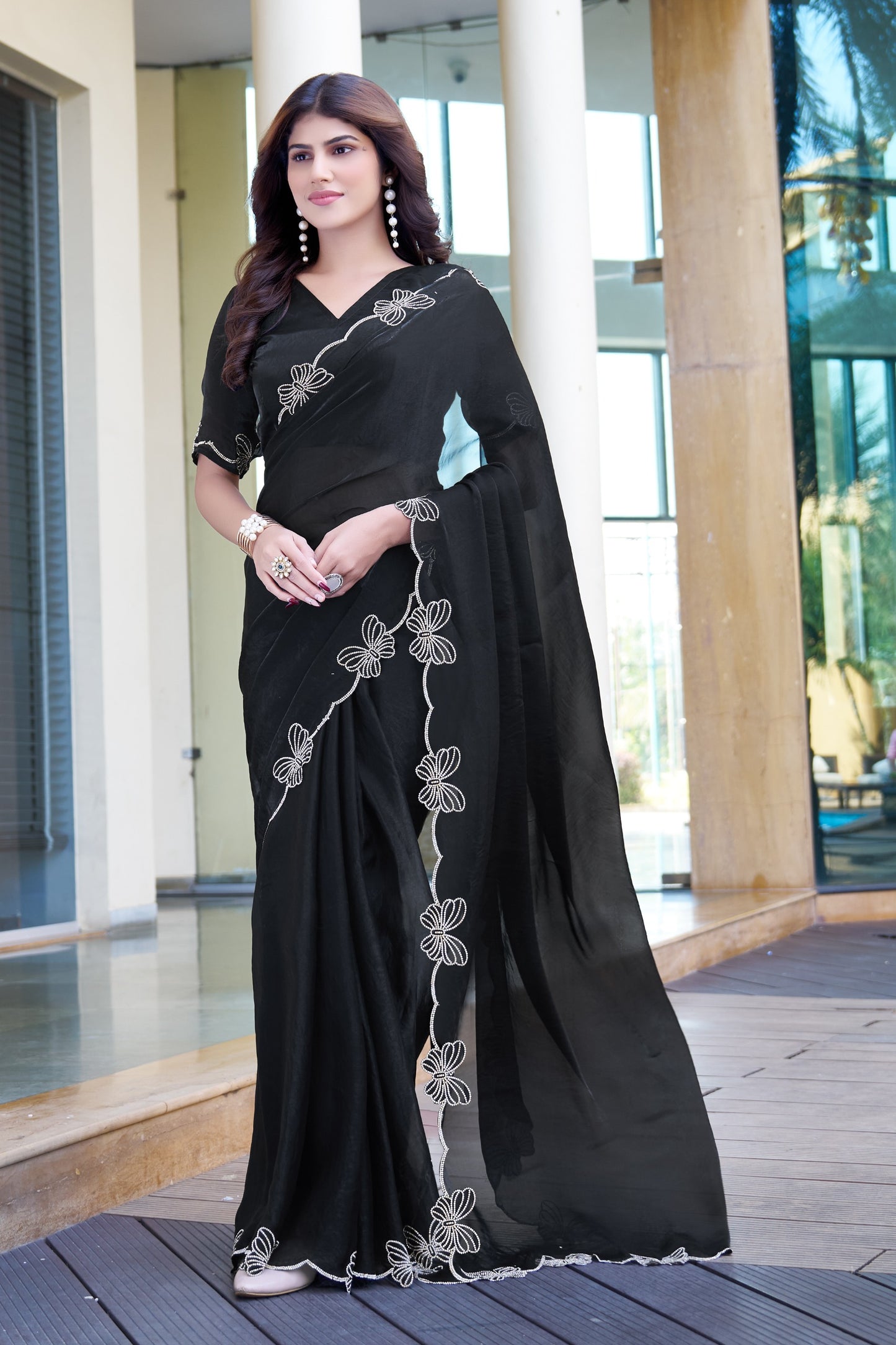 Elegant Black Organza Saree with Hand-Embroidered Floral Border | Premium Party Wear Saree & Matching Blouse(Unstitched)