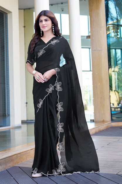 Elegant Black Organza Saree with Hand-Embroidered Floral Border | Premium Party Wear Saree & Matching Blouse(Unstitched)