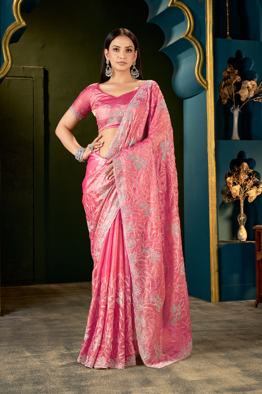 Premium Pink Embroidered Saree with Heavy Work | Festive & Party Wear Saree for Women